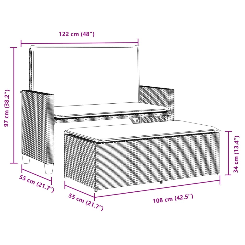 vidaXL Banc de jardin et coussins et repose-pied marron résine tressée