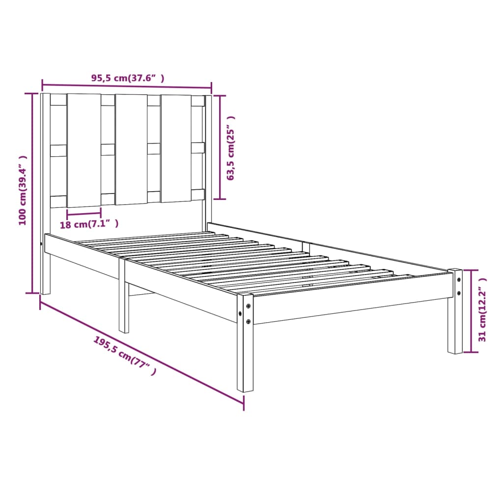 vidaXL Cadre de lit bois massif 90x190 cm simple