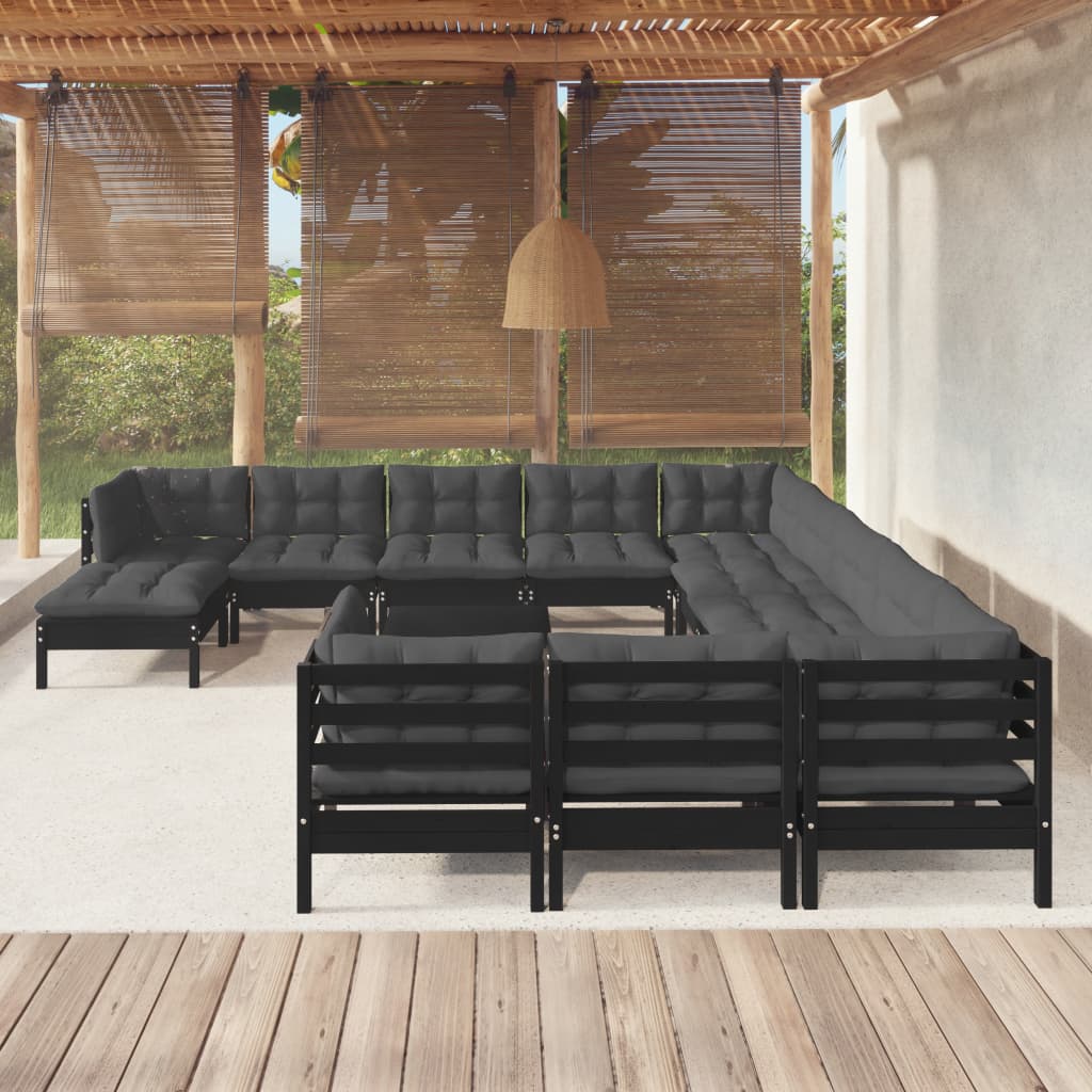 vidaXL Salon de jardin 13 pcs avec coussins Noir Bois de pin