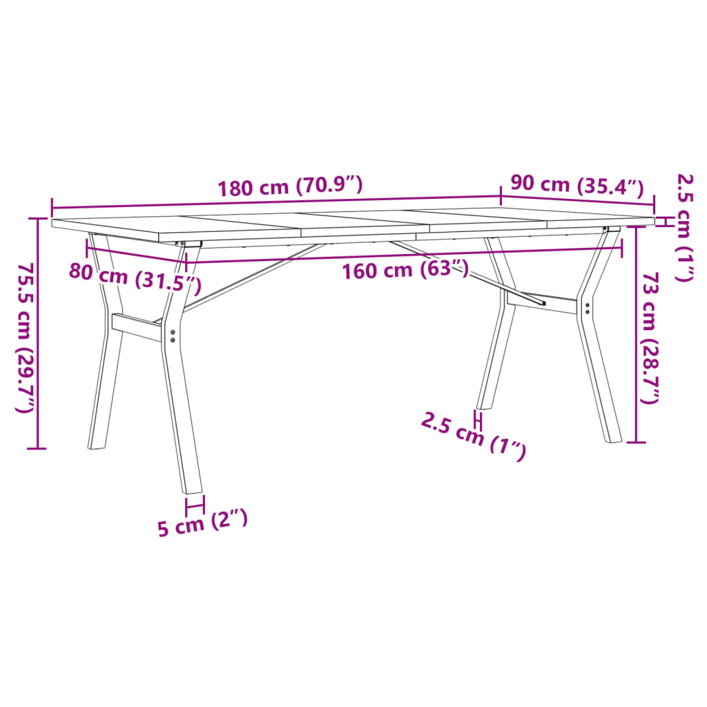 vidaXL Table à manger cadre en Y 180x90x75,5 cm bois pin massif fonte