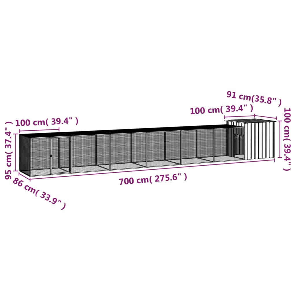 vidaXL Cage pour poules Gris 700x91x100 cm Acier galvanisé