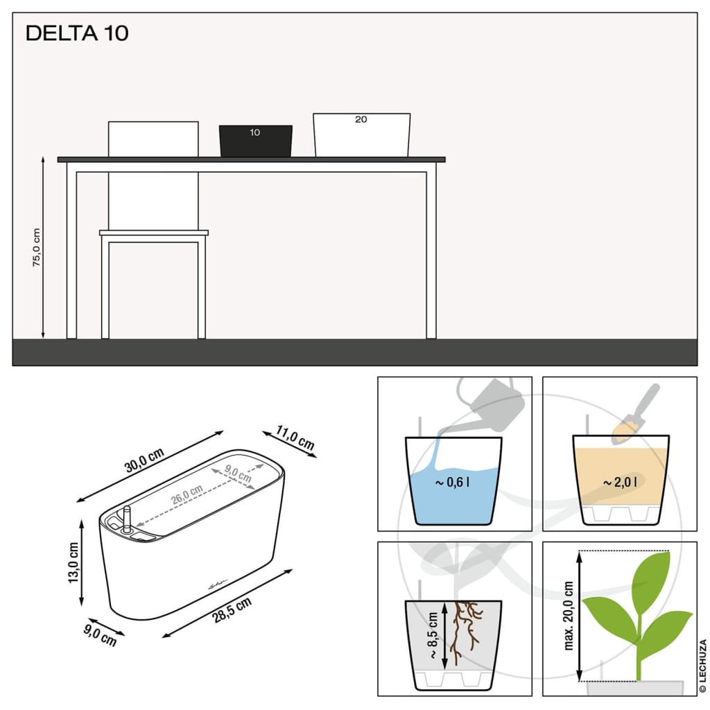 LECHUZA Jardinière DELTA 10 ALL-IN-ONE Blanc brillant