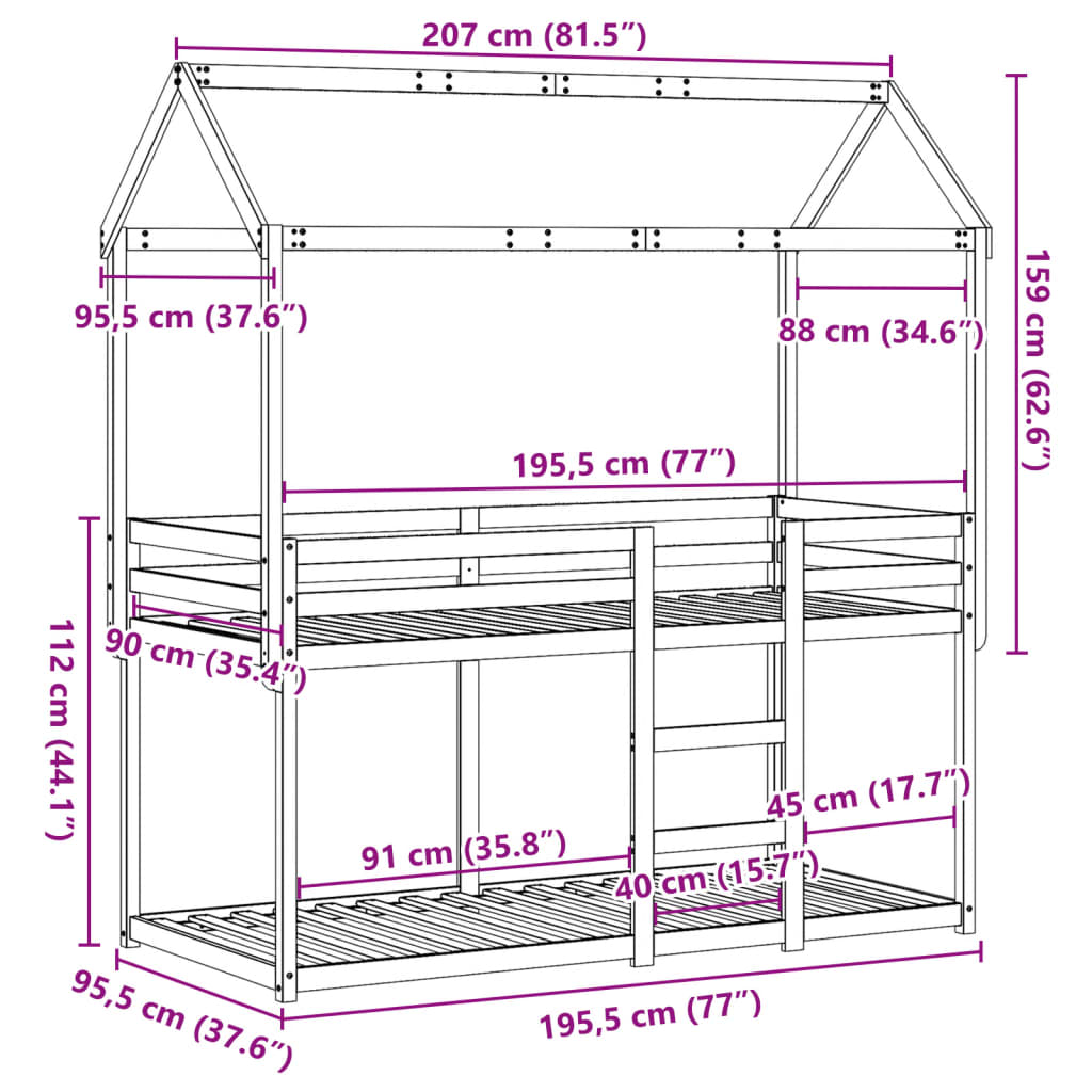 vidaXL Lit superposé sans matelas cire marron 90x190 cm pin massif