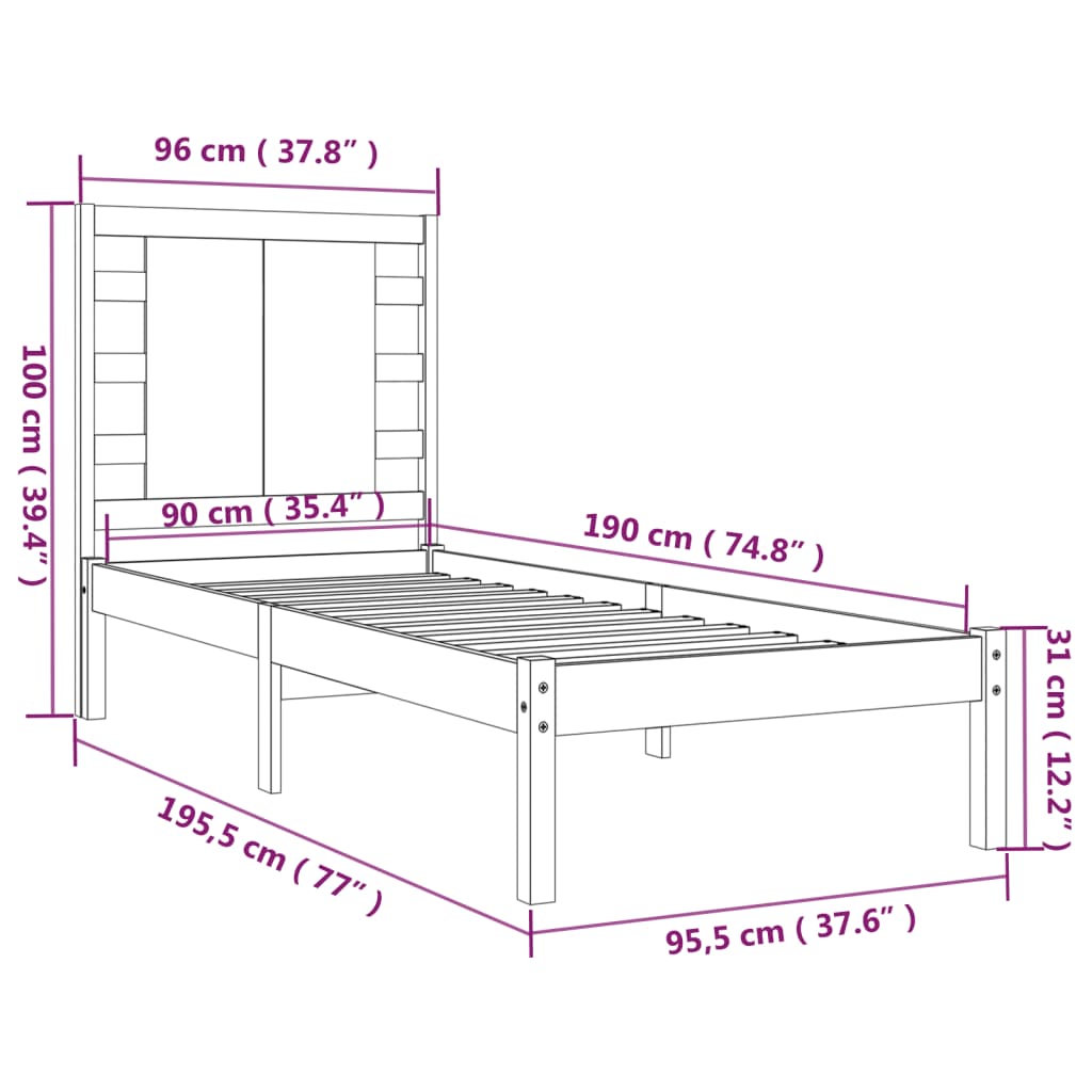 vidaXL Cadre de lit Blanc Bois massif 90x190 cm Simple