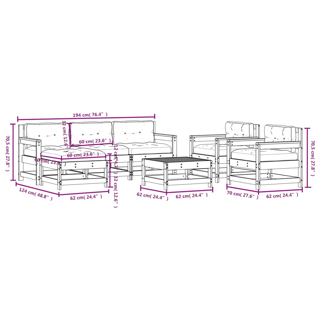 vidaXL Salon de jardin 7 pcs avec coussins noir bois massif