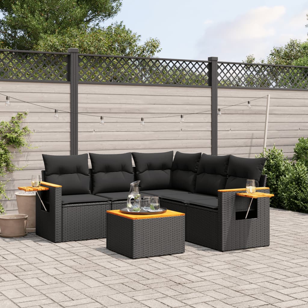 vidaXL Salon de jardin 6 pcs avec coussins noir résine tressée