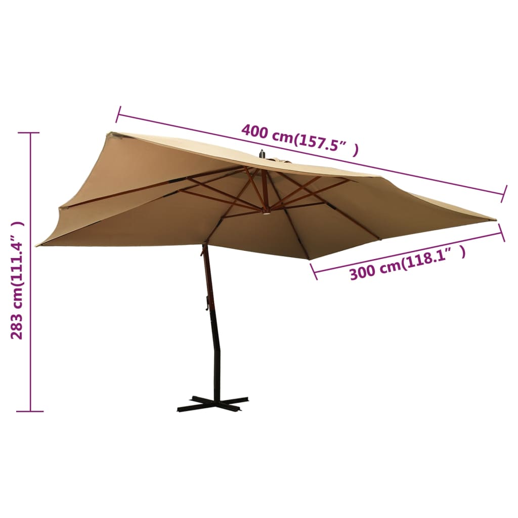 vidaXL Parasol en porte-à-faux avec mât en bois 400x300 cm Taupe