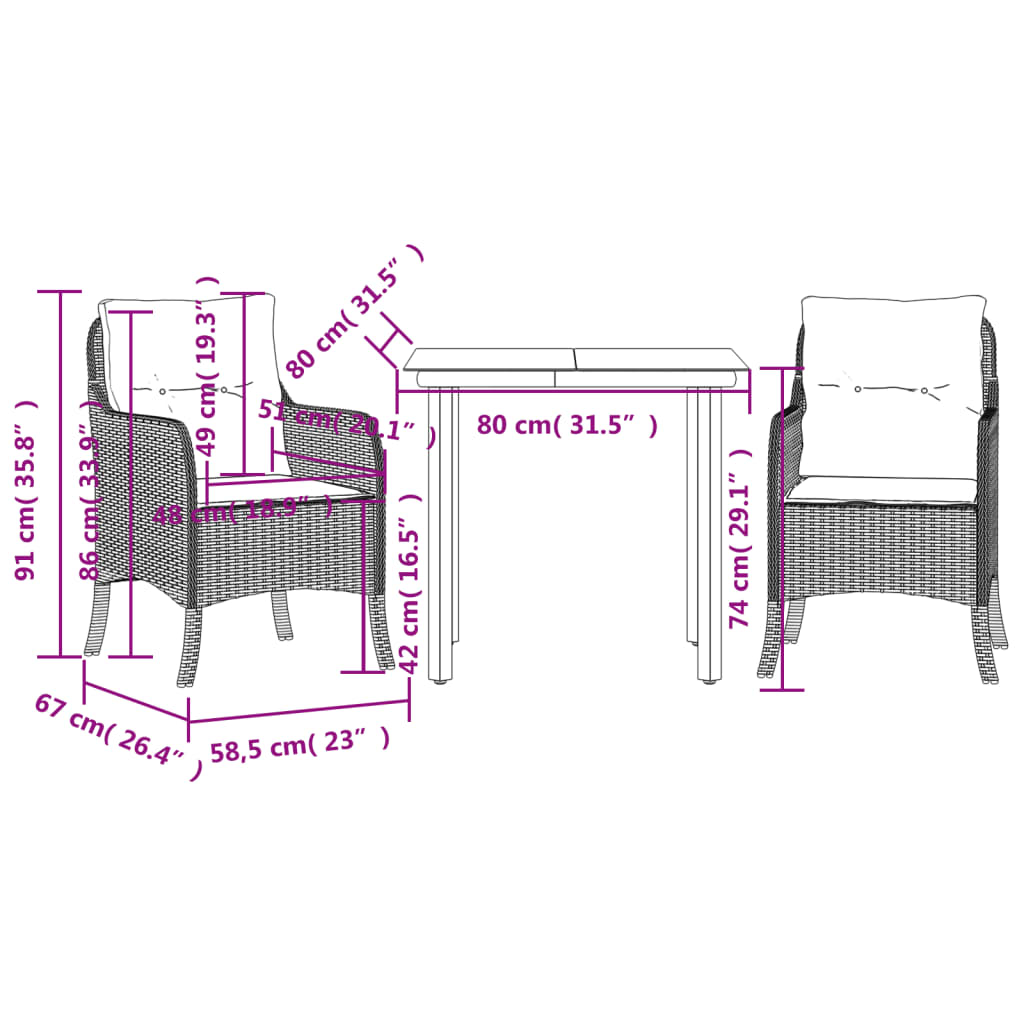 vidaXL Ensemble à manger de jardin avec coussins 3 pcs Noir