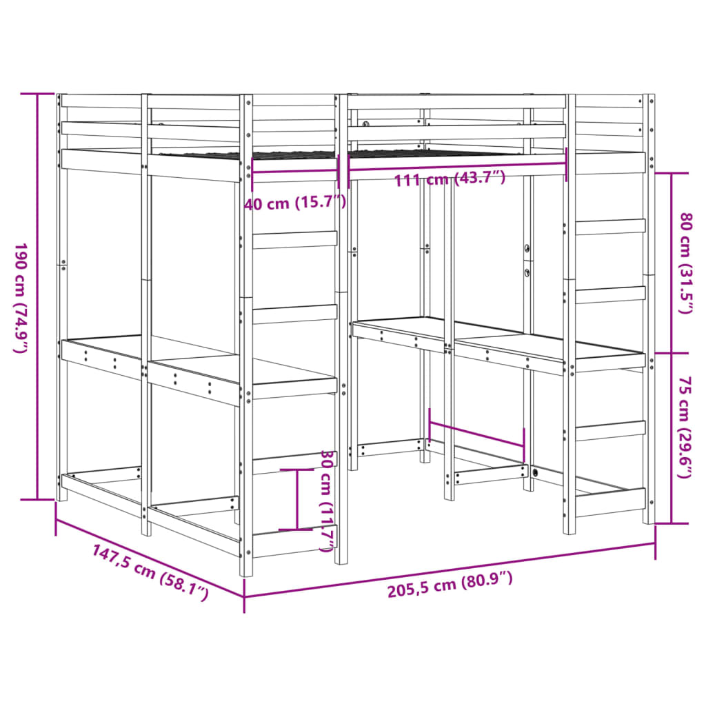 vidaXL Lit superposé et bureau et échelle 140x200cm bois de pin massif