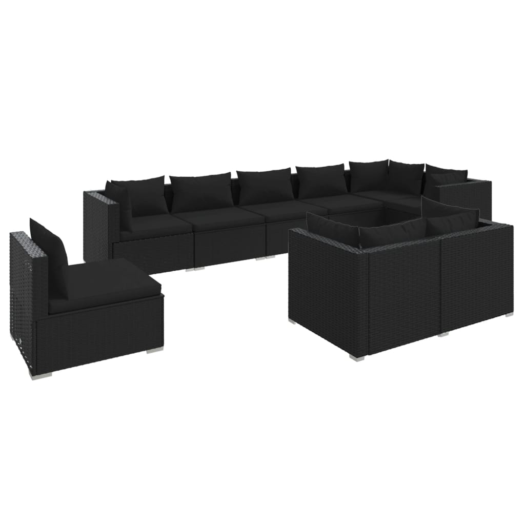 vidaXL Salon de jardin 9 pcs avec coussins Résine tressée Noir