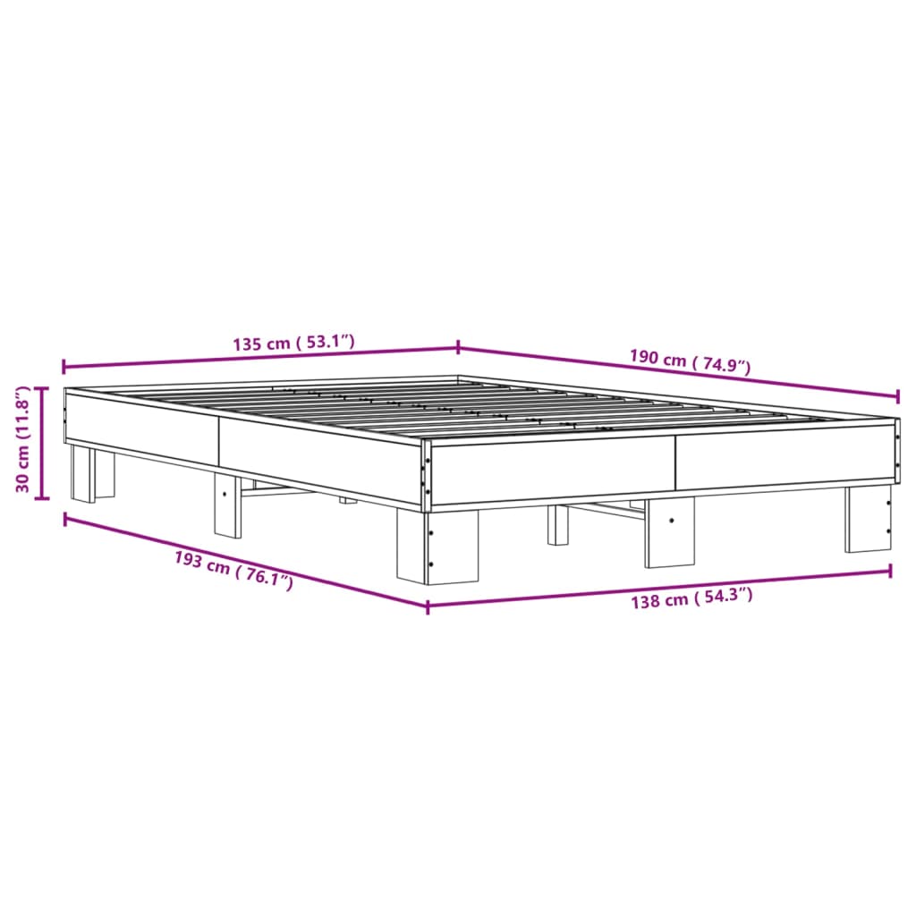 vidaXL Cadre de lit chêne fumé 135x190 cm bois d'ingénierie et métal