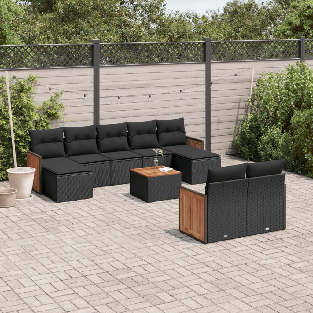 vidaXL Salon de jardin 10 pcs avec coussins noir résine tressée