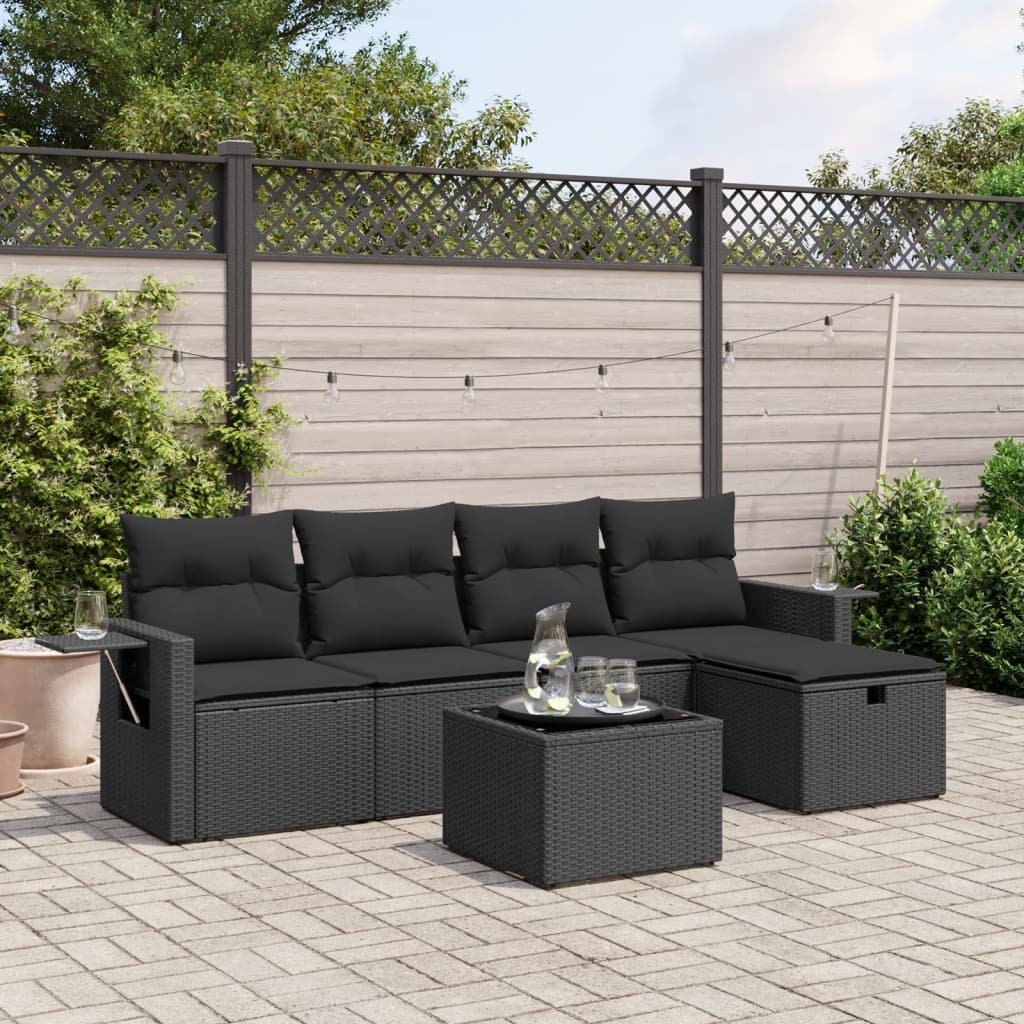 vidaXL Salon de jardin 6 pcs avec coussins noir résine tressée