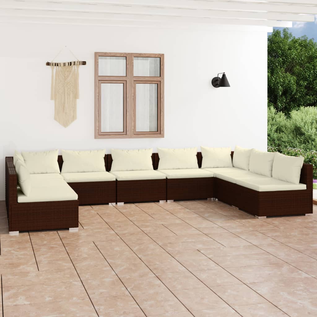 vidaXL Salon de jardin 9 pcs avec coussins Résine tressée Marron