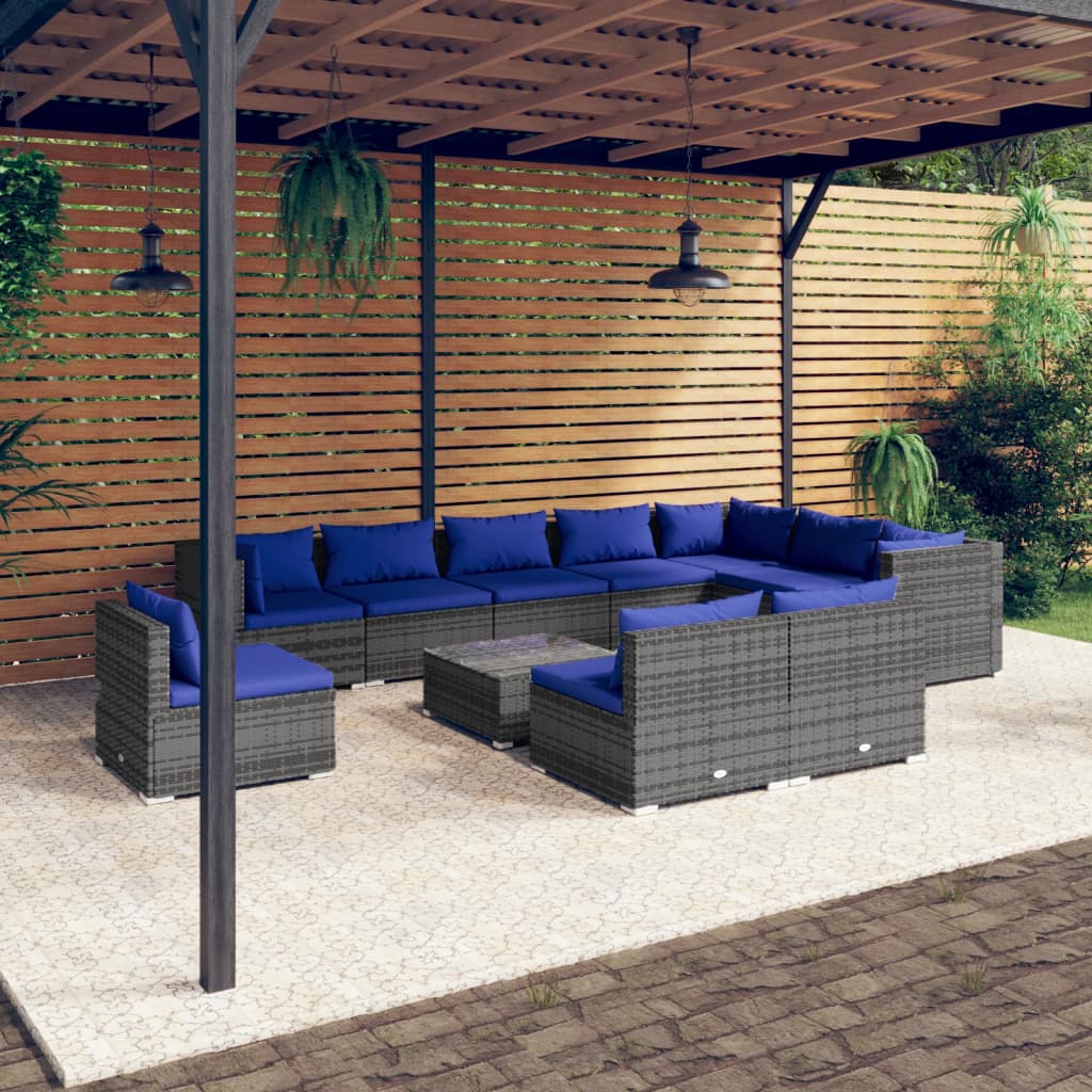 vidaXL Salon de jardin 11 pcs avec coussins Résine tressée Gris