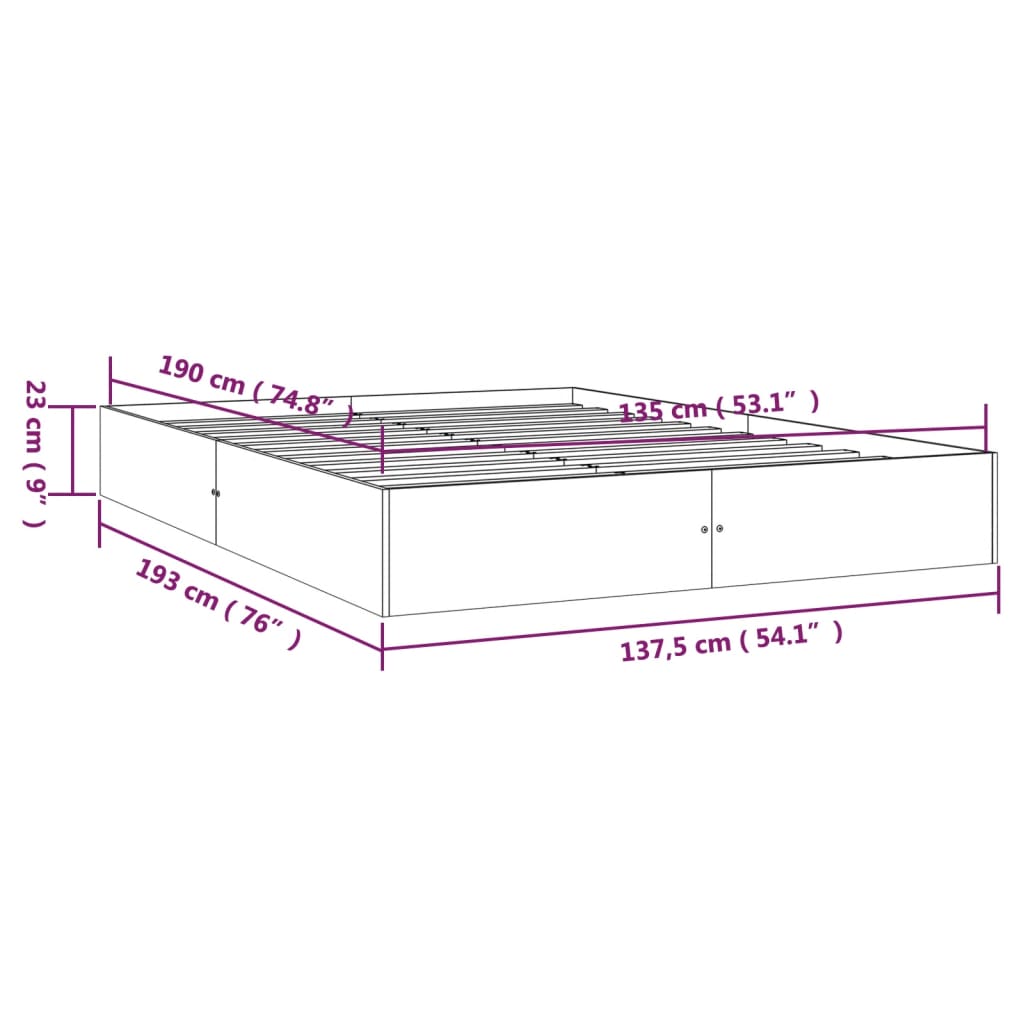 vidaXL Cadre de lit bois massif 135x190 cm double