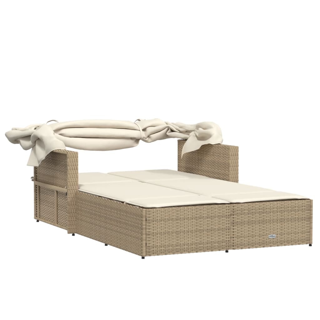 vidaXL Chaise longue double avec auvent et coussins beige poly rotin