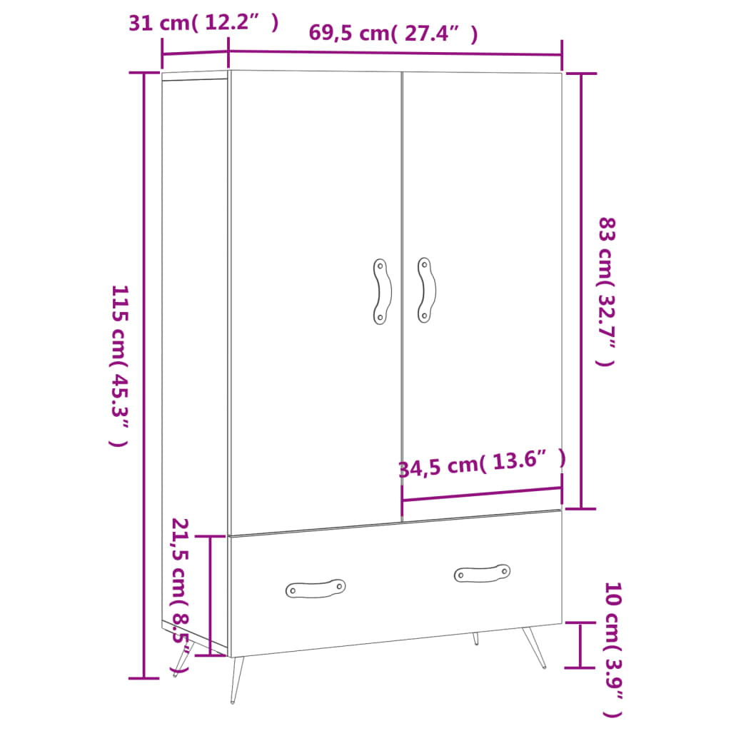 vidaXL Buffet haut blanc 69,5x31x115 cm bois d'ingénierie