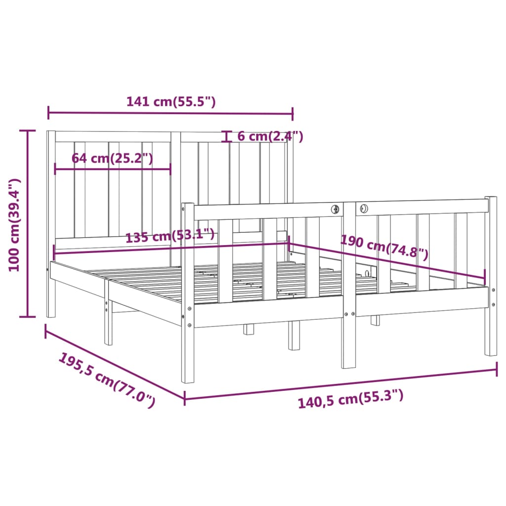 vidaXL Cadre de lit Noir Bois massif 135x190 cm Double