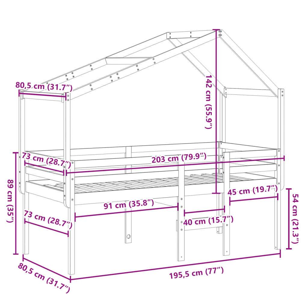 vidaXL Lit haut avec toit 75x190 cm bois de pin massif