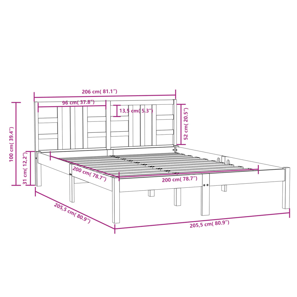 vidaXL Cadre de lit sans matelas marron miel 200x200 cm bois massif