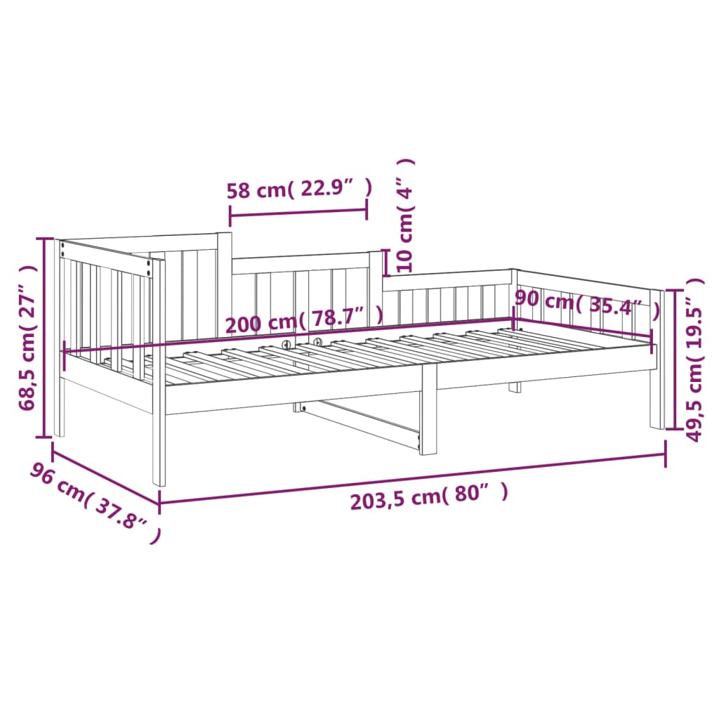 vidaXL Lit de jour sans matelas noir 90x200 cm bois de pin massif