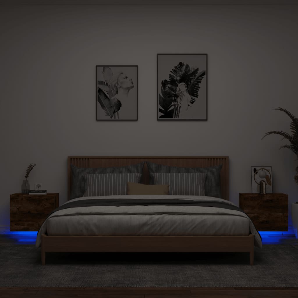 vidaXL Tables de chevet murales avec lumières LED 2 pcs chêne fumé