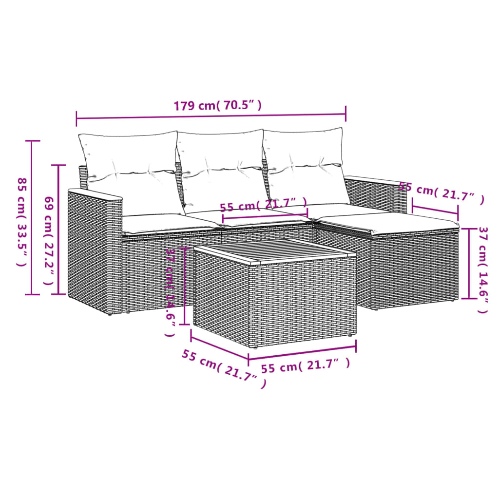 vidaXL Salon de jardin 5 pcs avec coussins gris résine tressée