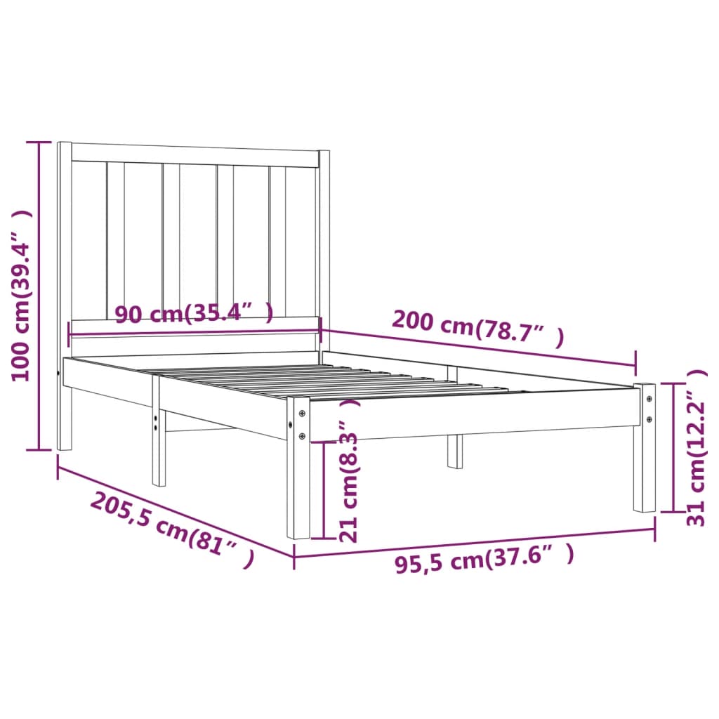 vidaXL Cadre de lit Bois de pin massif 90x200 cm