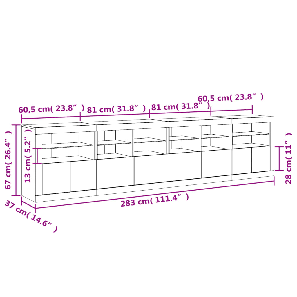 vidaXL Buffet avec lumières LED chêne fumé 283x37x67 cm