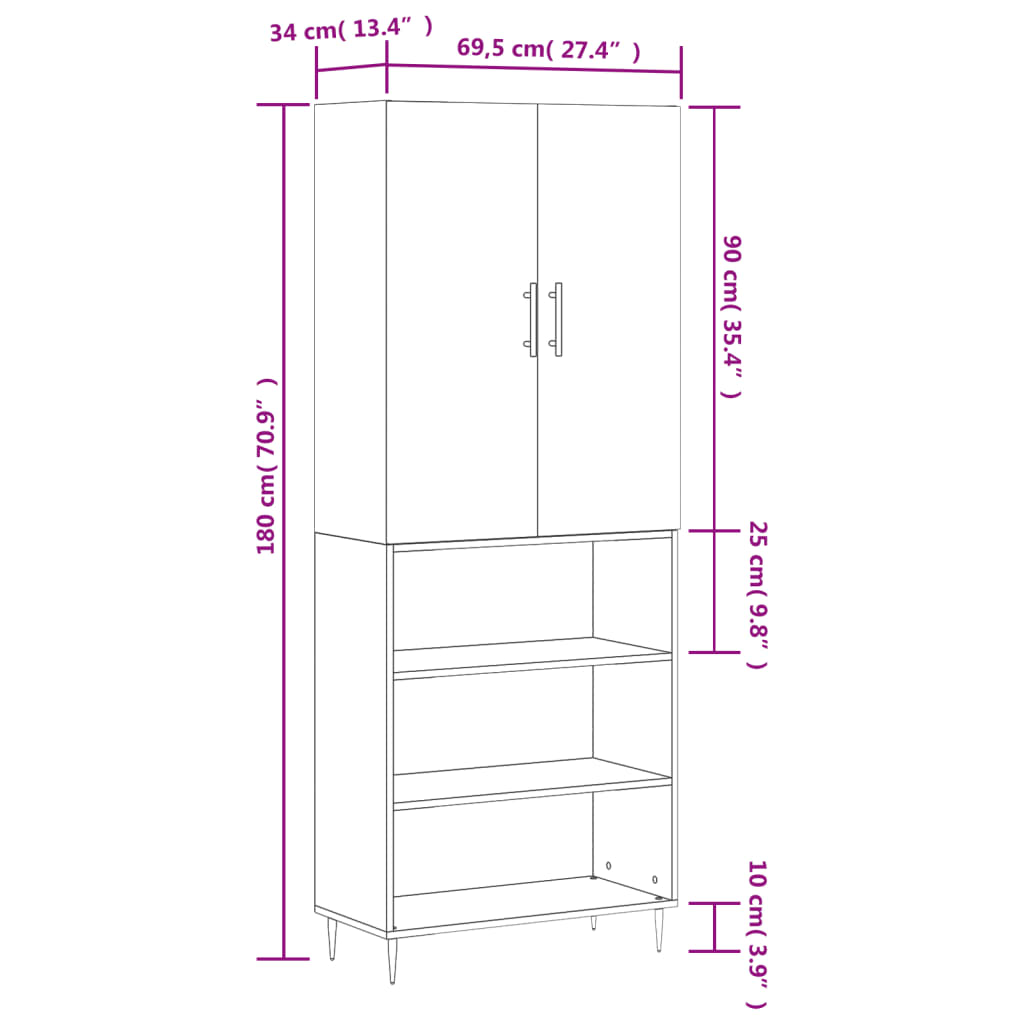 vidaXL Buffet haut Blanc 69,5x34x180 cm Bois d'ingénierie