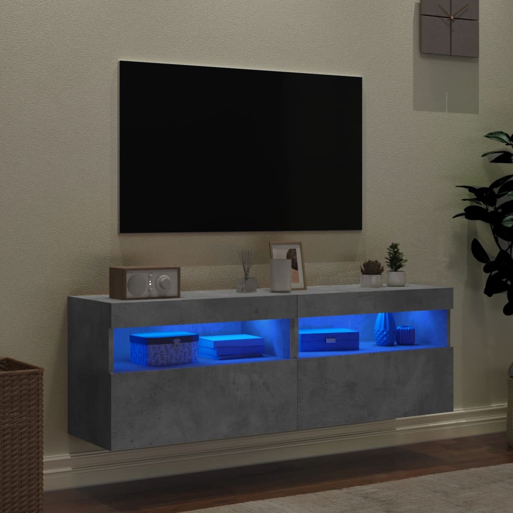 vidaXL Meubles TV muraux et lumières LED 2pcs gris béton 60x30x40 cm
