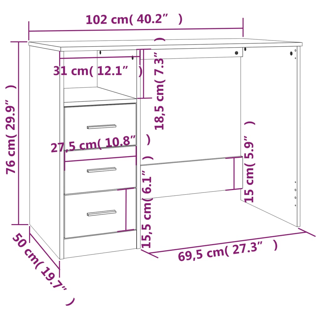 vidaXL Bureau et tiroirs Blanc brillant 102x50x76 cm Bois d'ingénierie