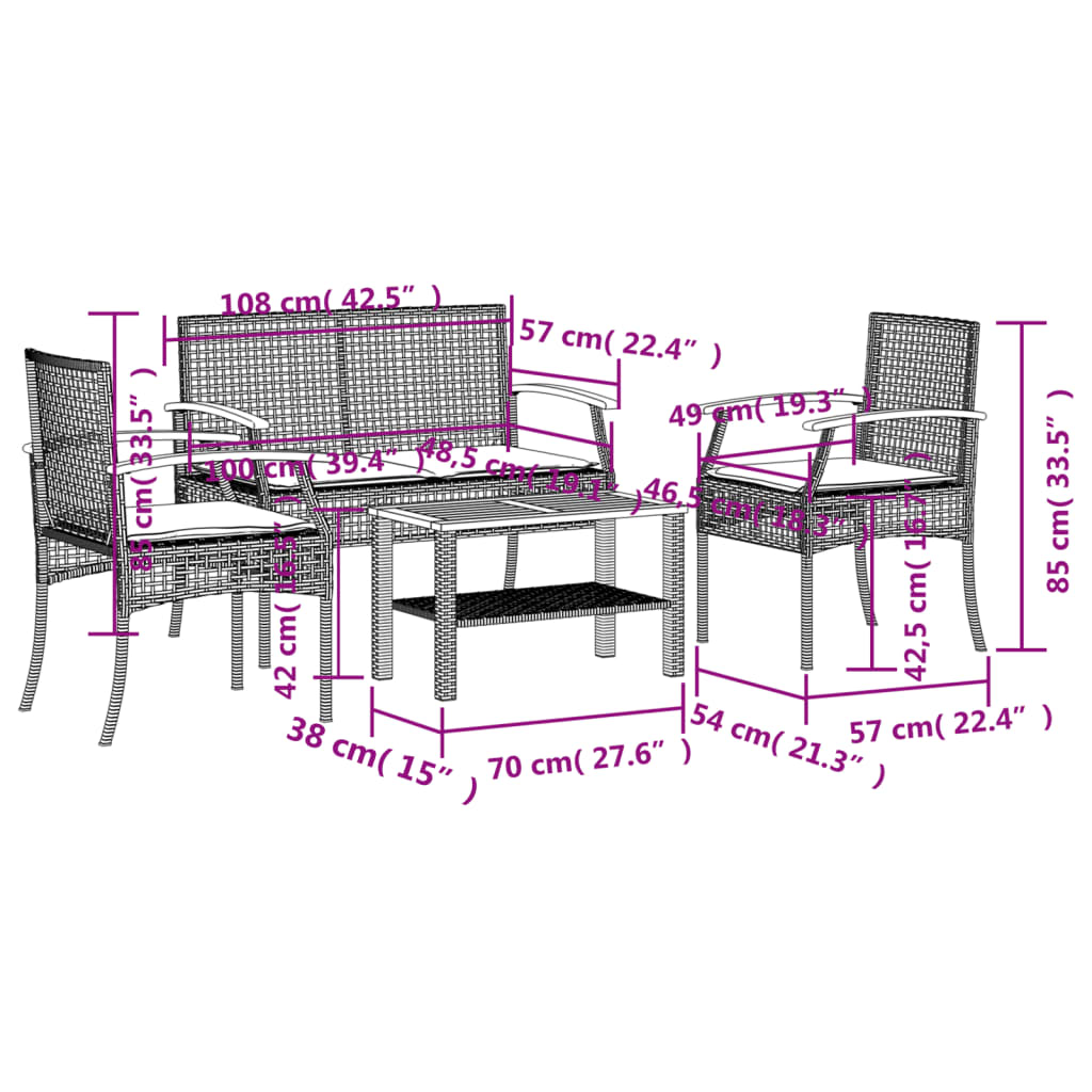 vidaXL Salon de jardin 4 pcs avec coussins Gris Résine tressée