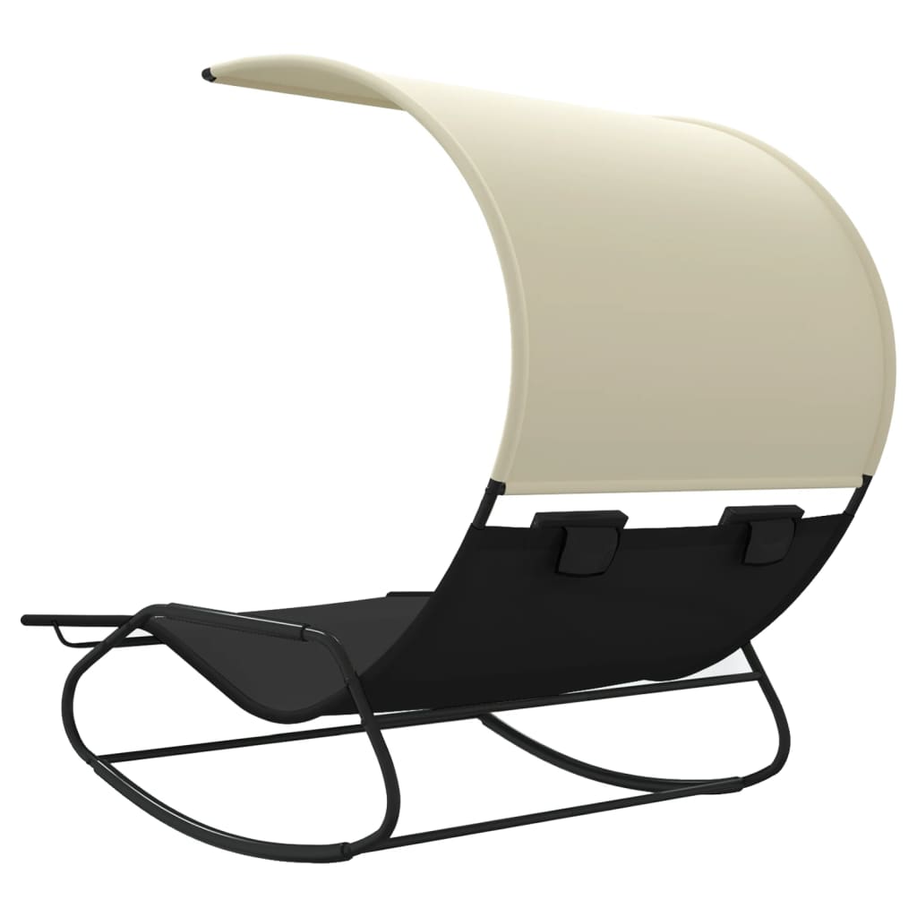 vidaXL Chaise longue double à bascule avec auvent Noir et crème