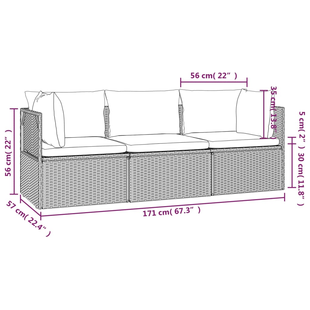 vidaXL Salon de jardin 3 pcs avec coussins Gris Résine tressée