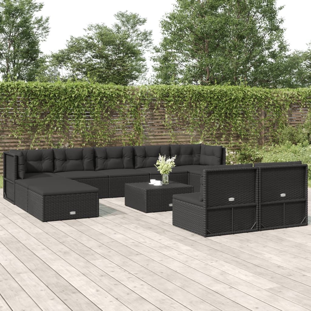 vidaXL Salon de jardin 10 pcs avec coussins noir résine tressée