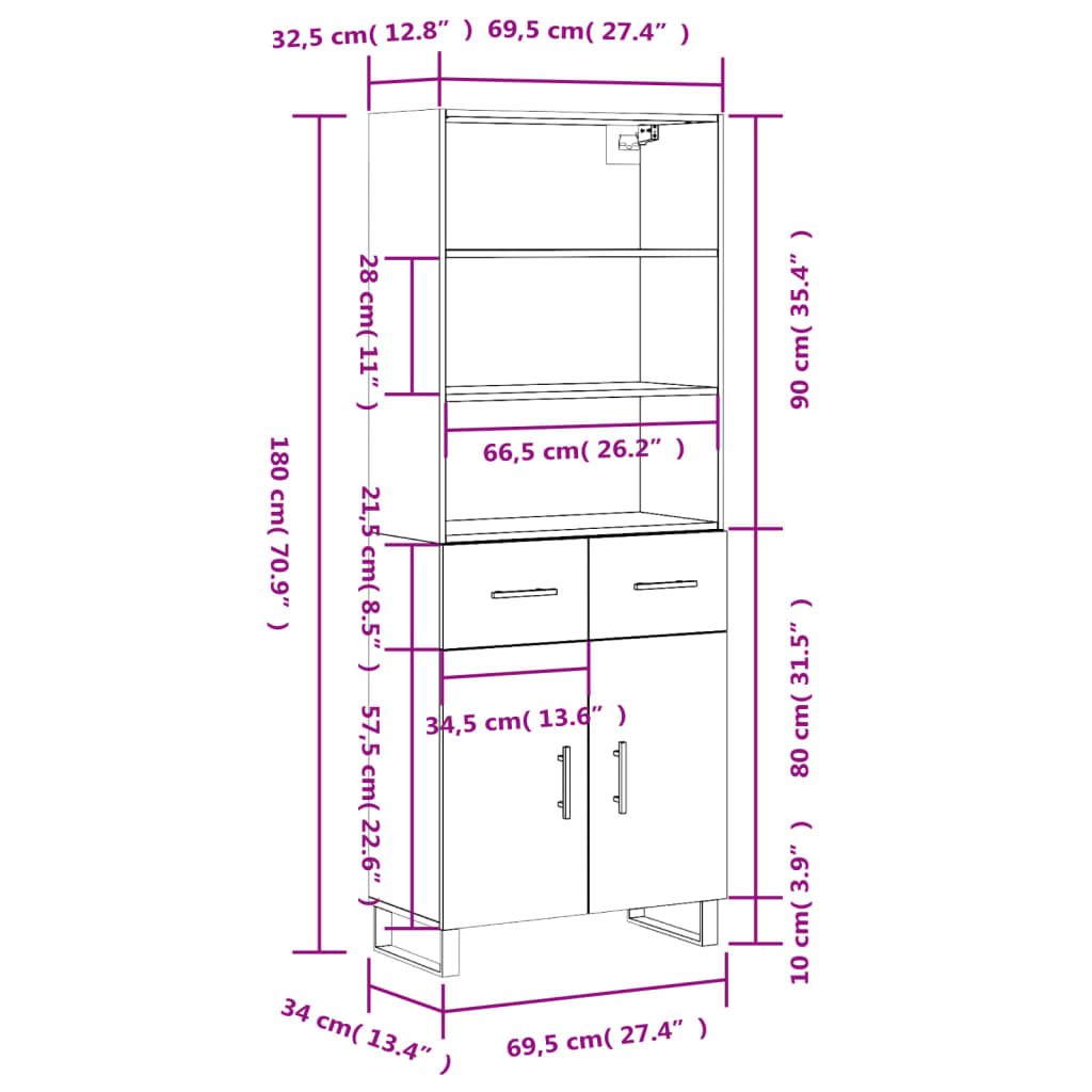 vidaXL Buffet haut Sonoma gris 69,5x34x180 cm Bois d'ingénierie