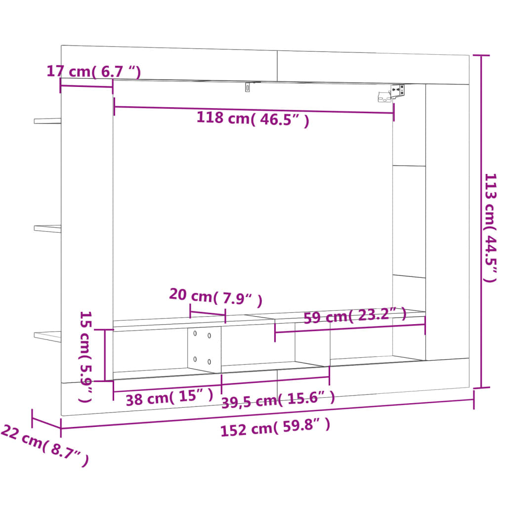 vidaXL Meuble TV gris béton 152x22x113 cm bois d'ingénierie