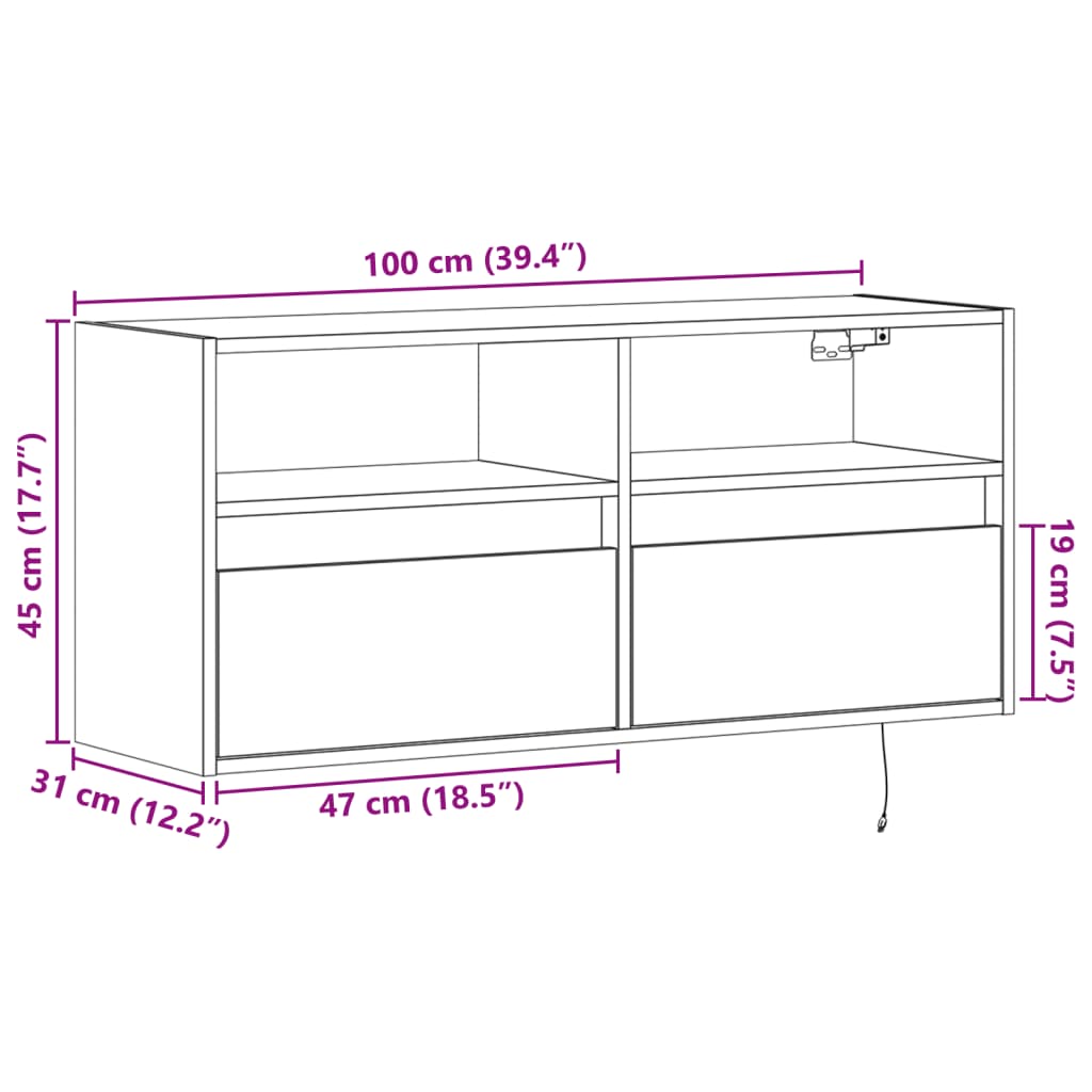 vidaXL Meuble TV mural avec lumières LED chêne marron 100x31x45 cm