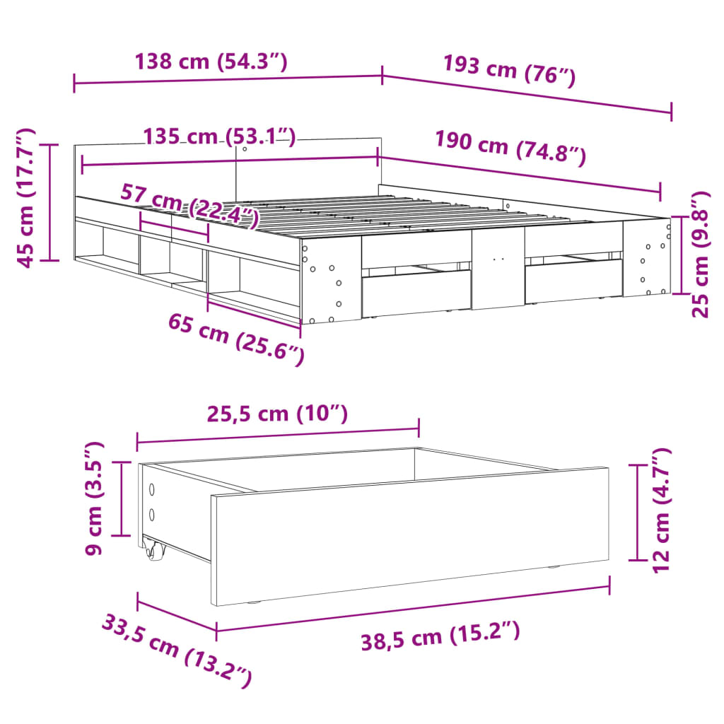 vidaXL Cadre de lit avec tiroirs noir 135x190 cm bois d'ingénierie