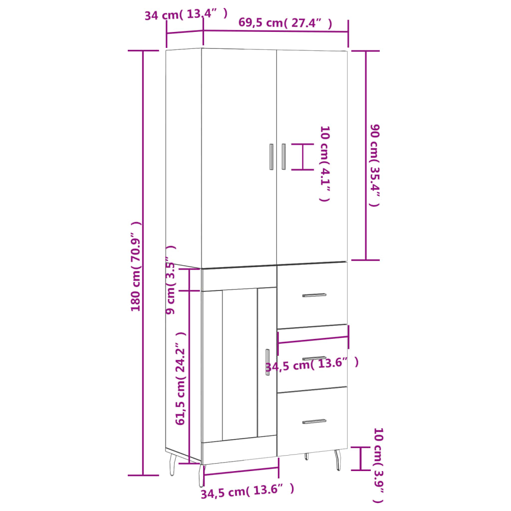 vidaXL Buffet haut Chêne fumé 69,5x34x180 cm Bois d'ingénierie