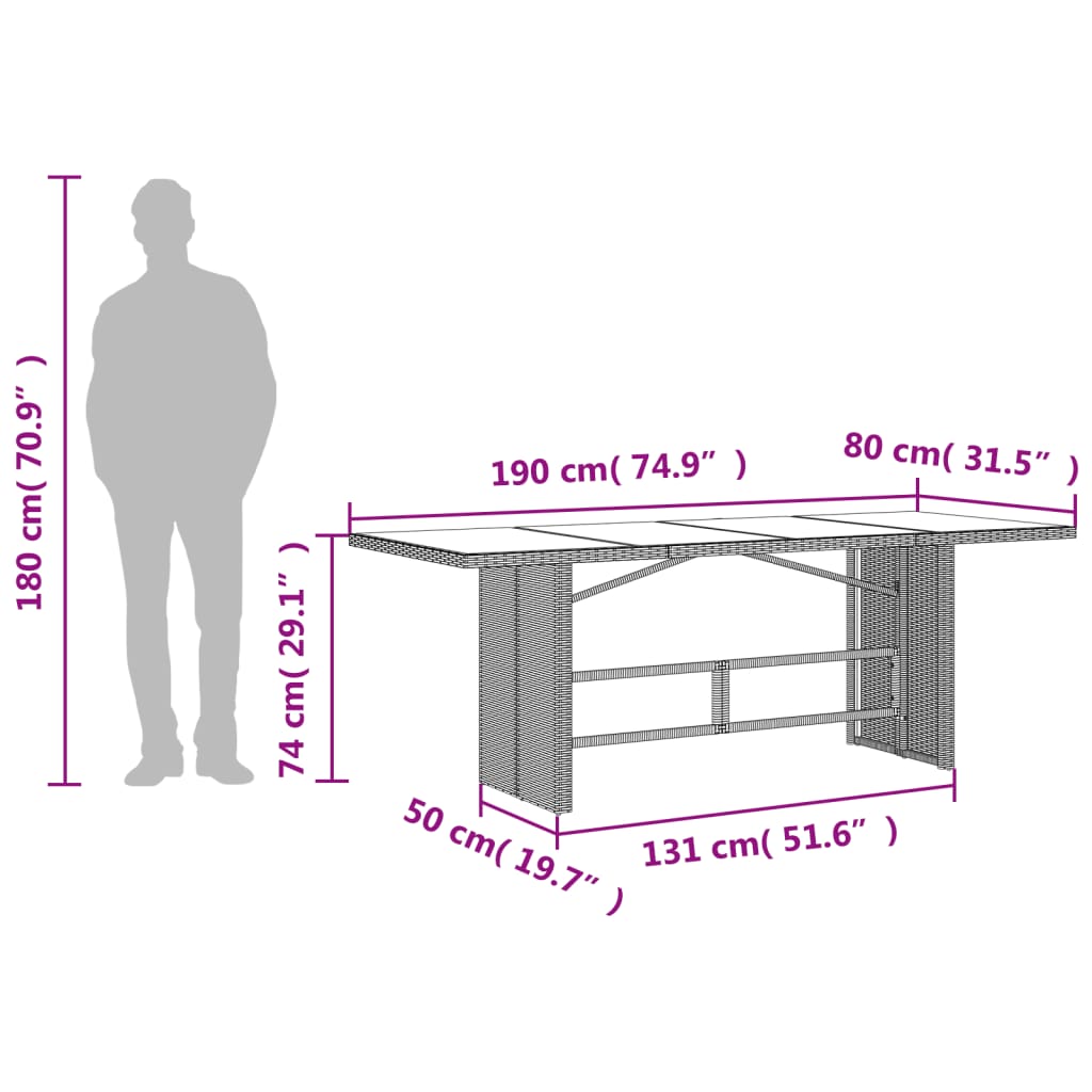 vidaXL Table de jardin dessus en verre marron 190x80x74 cm