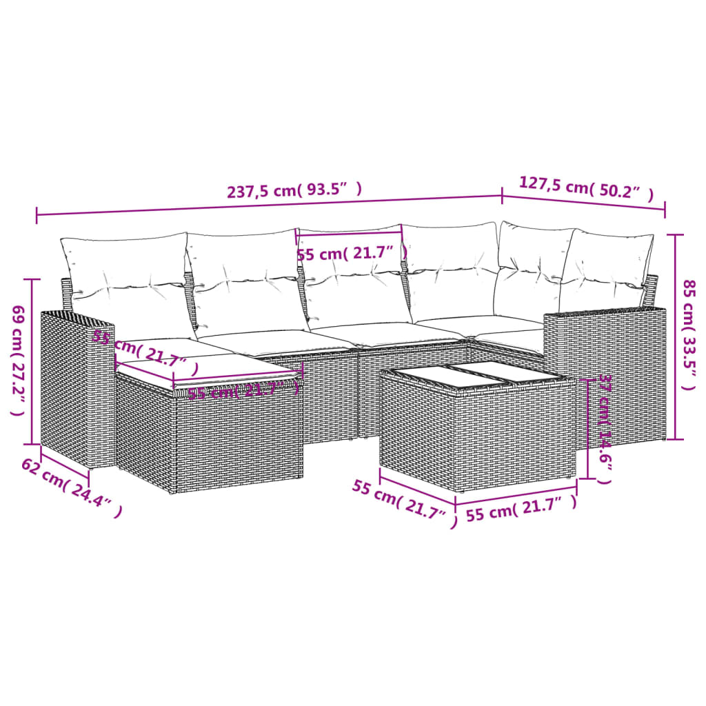 vidaXL Salon de jardin avec coussins 7 pcs gris résine tressée