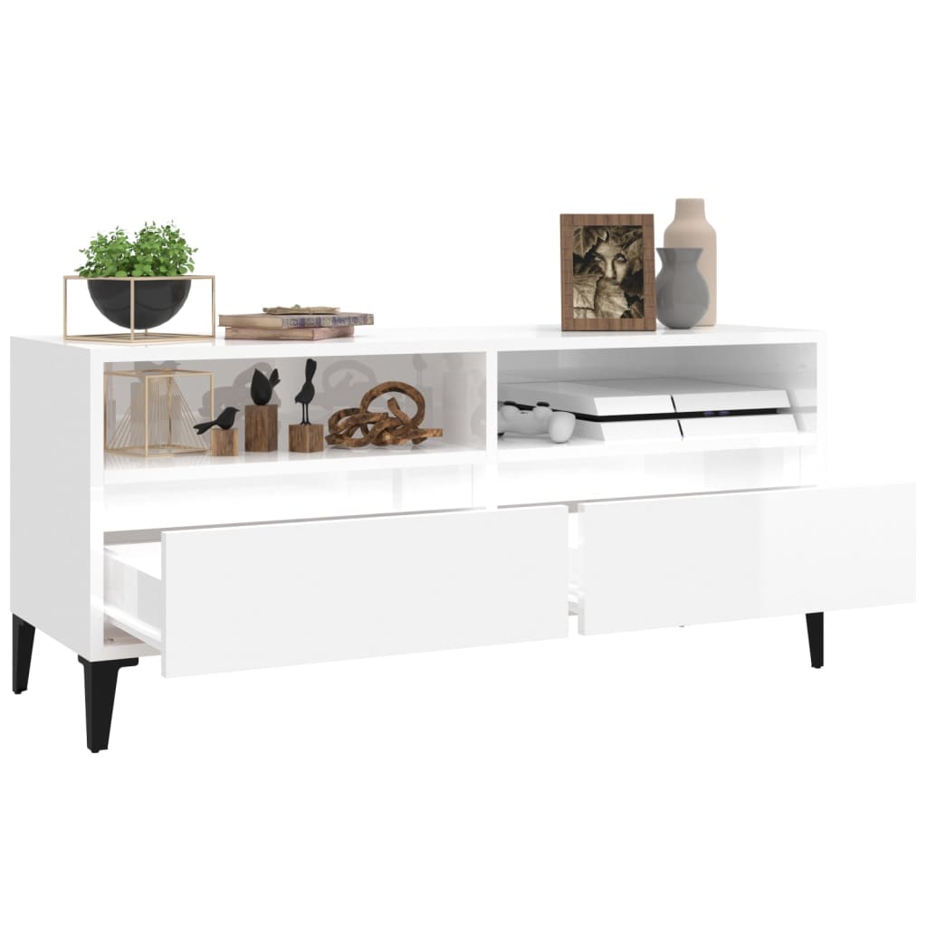 vidaXL Meuble TV blanc brillant 100x34,5x44,5 cm bois d'ingénierie