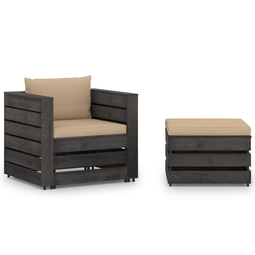 vidaXL Salon de jardin 2 pcs avec coussins Bois imprégné de gris