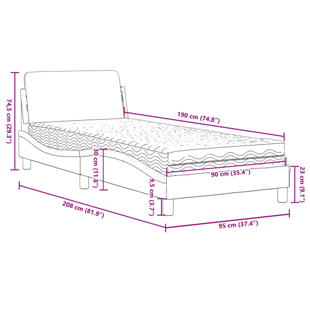 vidaXL Lit avec matelas bleu 90x190 cm tissu