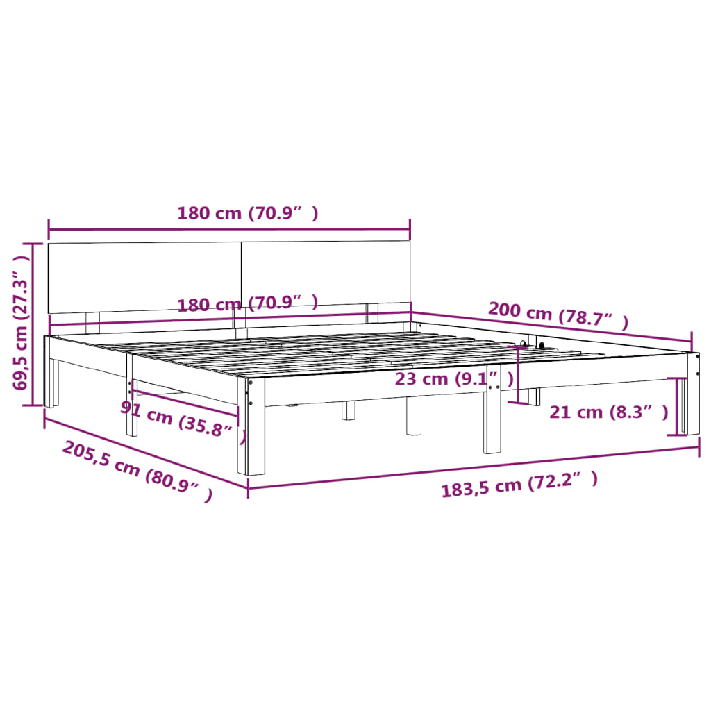 vidaXL Cadre de lit bois massif 180x200 cm super king