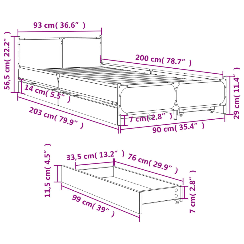 vidaXL Cadre de lit et tiroirs chêne fumé 90x200 cm bois d'ingénierie