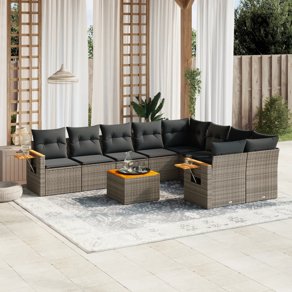 vidaXL Salon de jardin avec coussins 10 pcs gris résine tressée